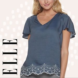 Elle Blue Blouse with White Lace Trim